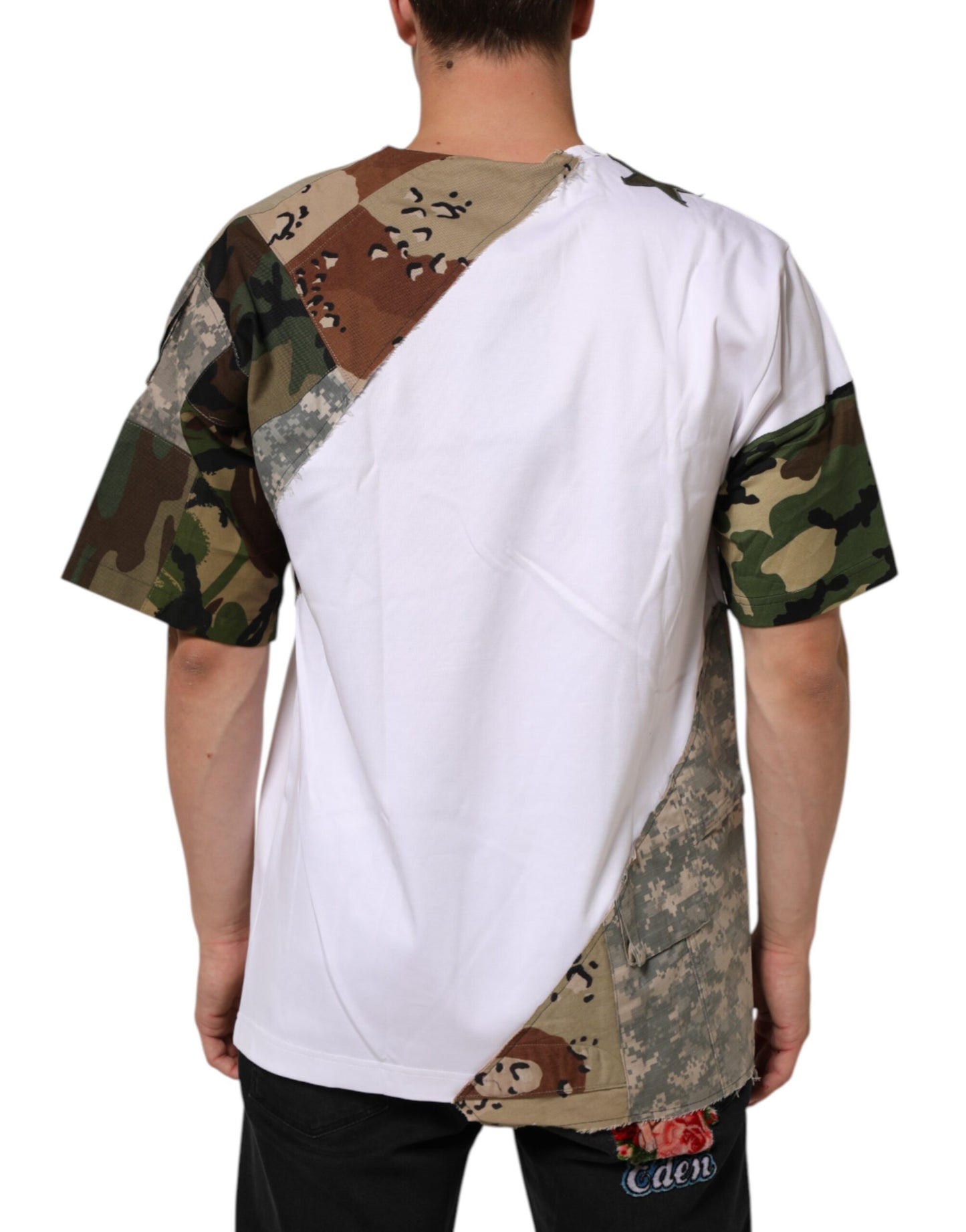 Dolce &amp; Gabbana Weißes Camouflage-Patchwork-Herren-Baumwoll-T-Shirt