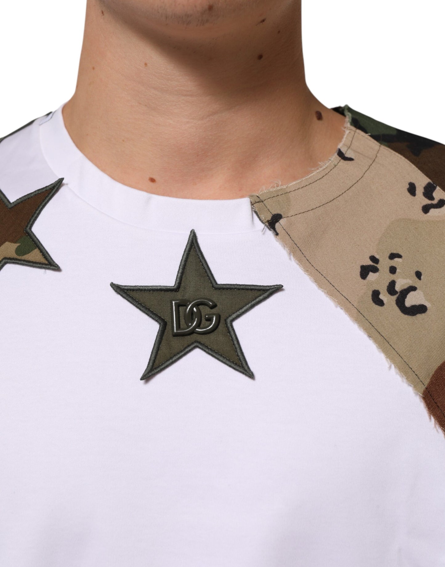 Dolce &amp; Gabbana Weißes Camouflage-Patchwork-Herren-Baumwoll-T-Shirt