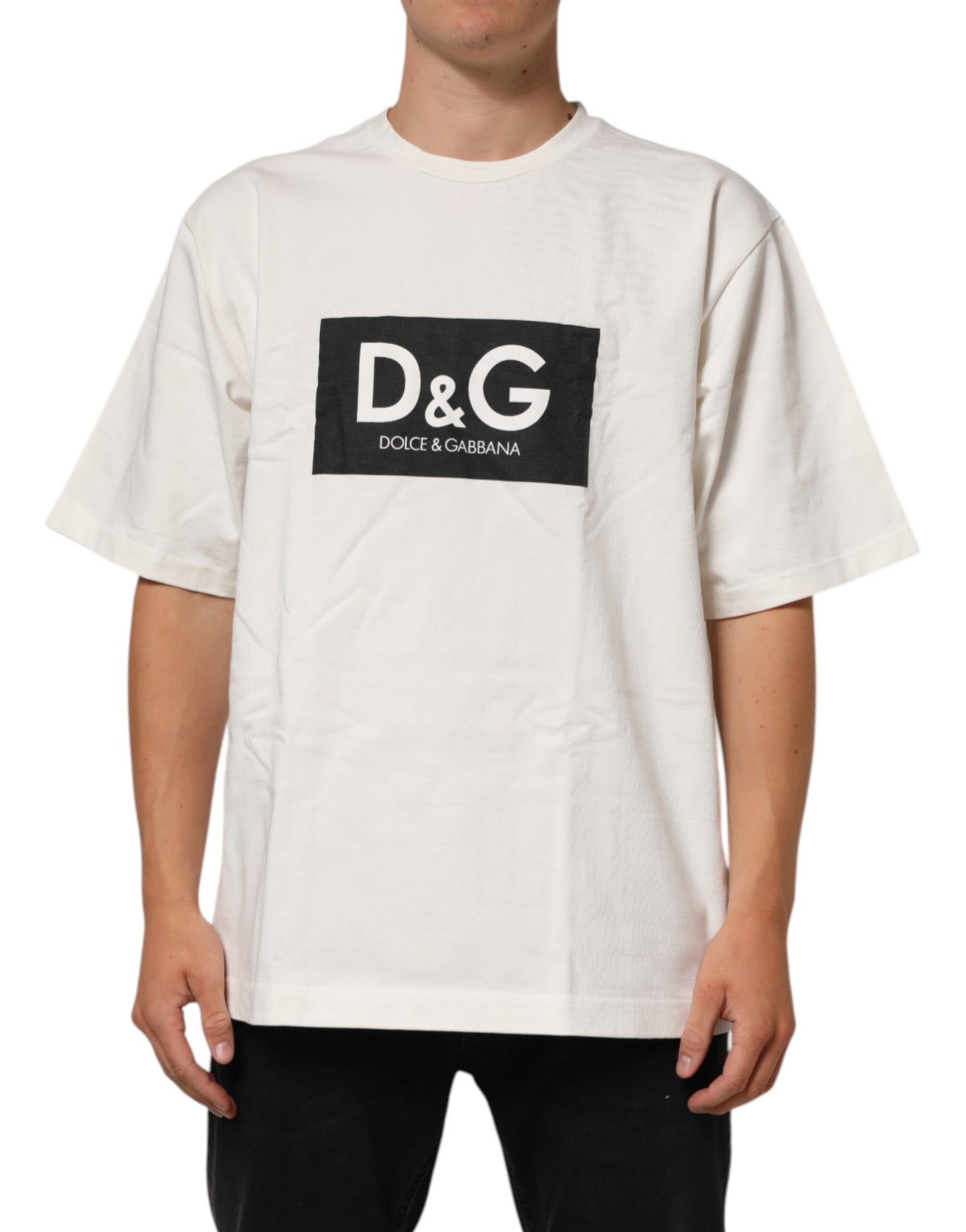 Dolce &amp; Gabbana Weißes Herren-T-Shirt aus Baumwolle mit Logoprint und Rundhalsausschnitt