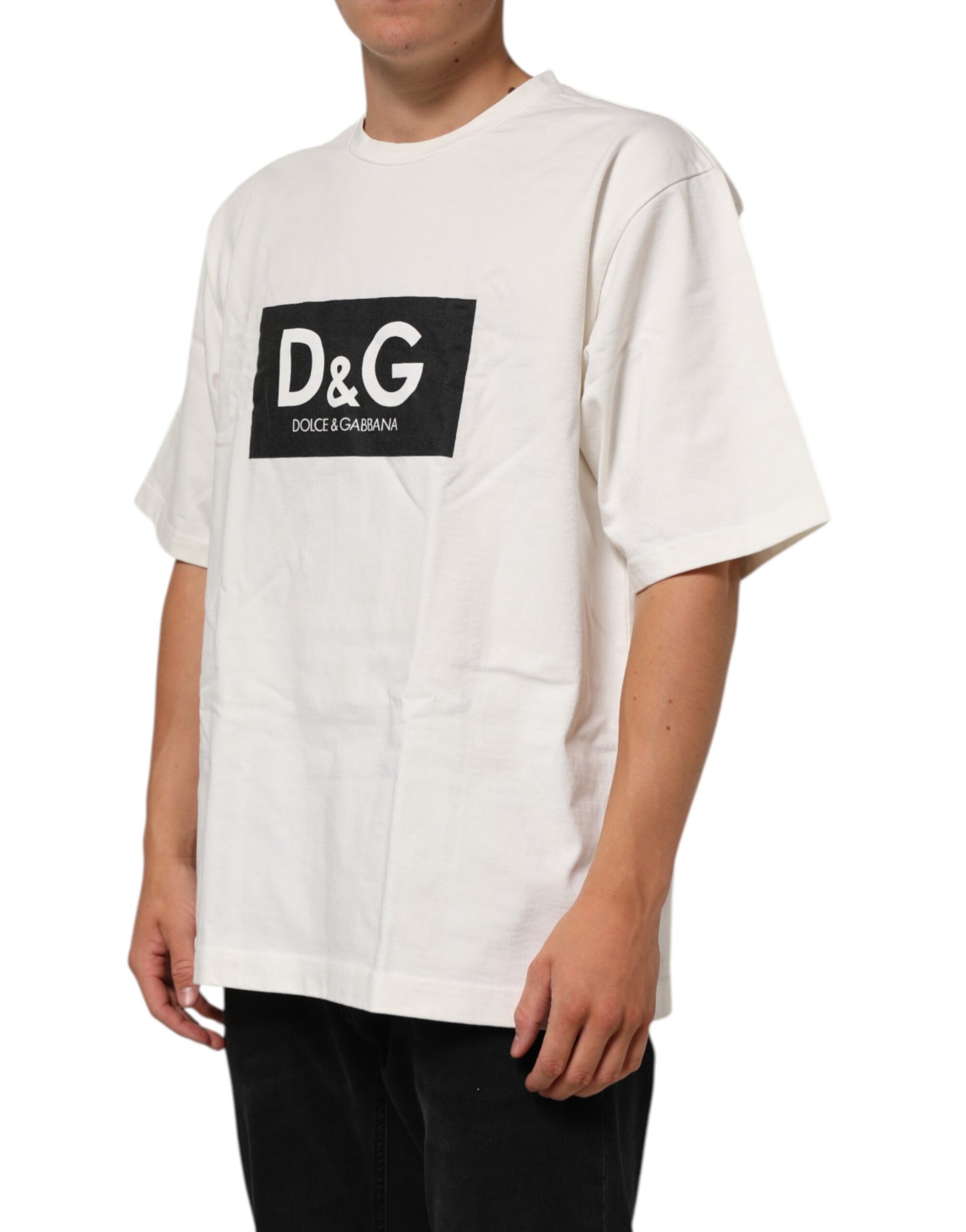 Dolce &amp; Gabbana Weißes Herren-T-Shirt aus Baumwolle mit Logoprint und Rundhalsausschnitt