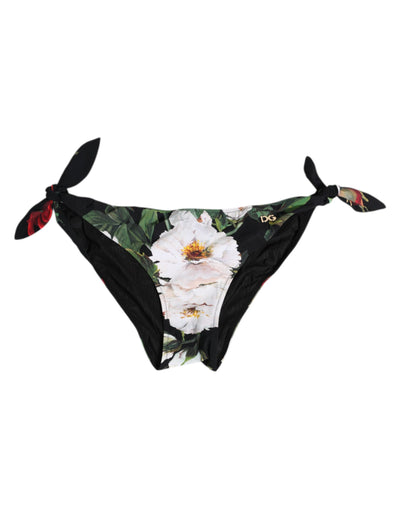 Dolce &amp; Gabbana Schwarze Bikinihose mit Blumenmuster und seitlichen Bindebändern