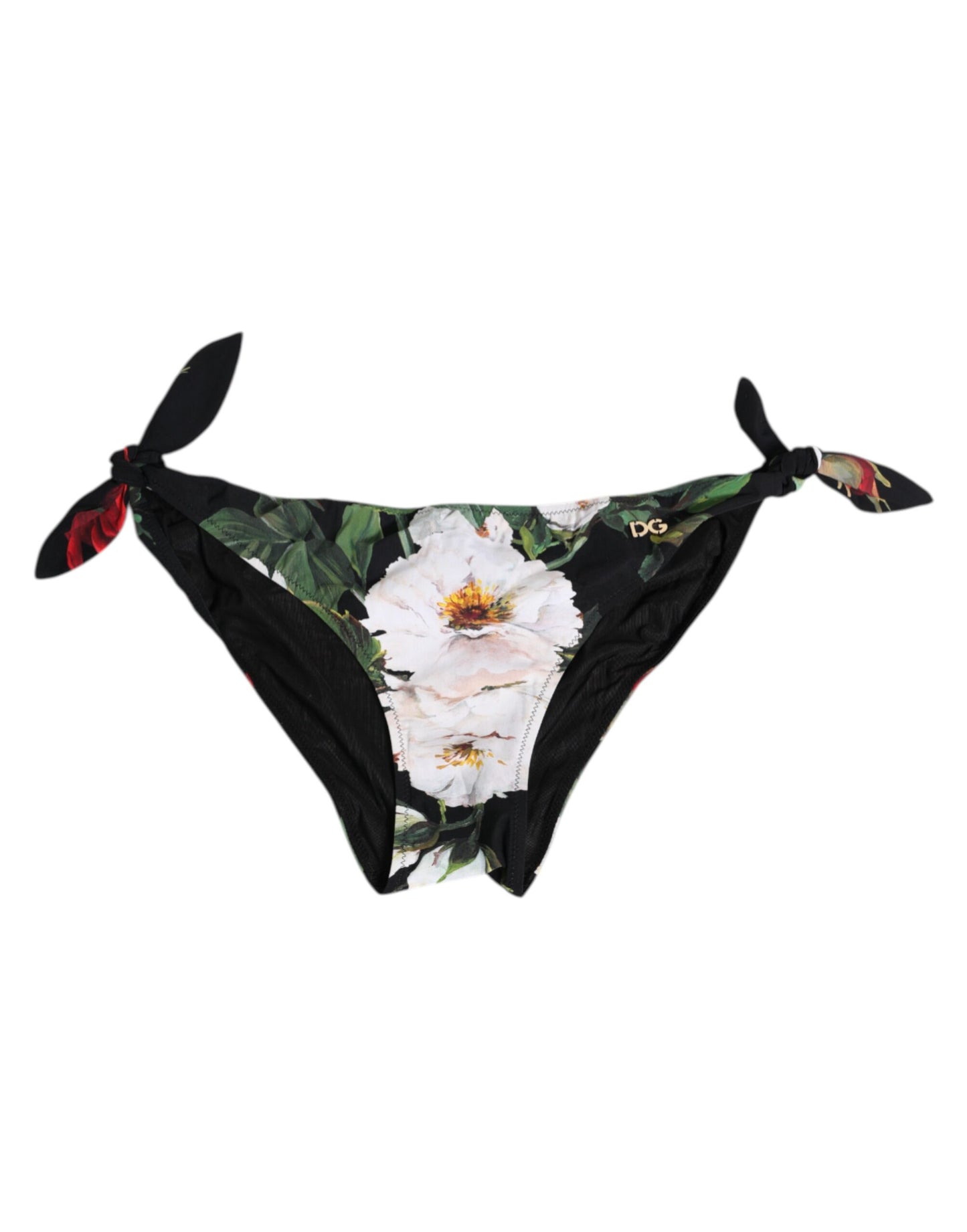 Dolce &amp; Gabbana Schwarze Bikinihose mit Blumenmuster und seitlichen Bindebändern
