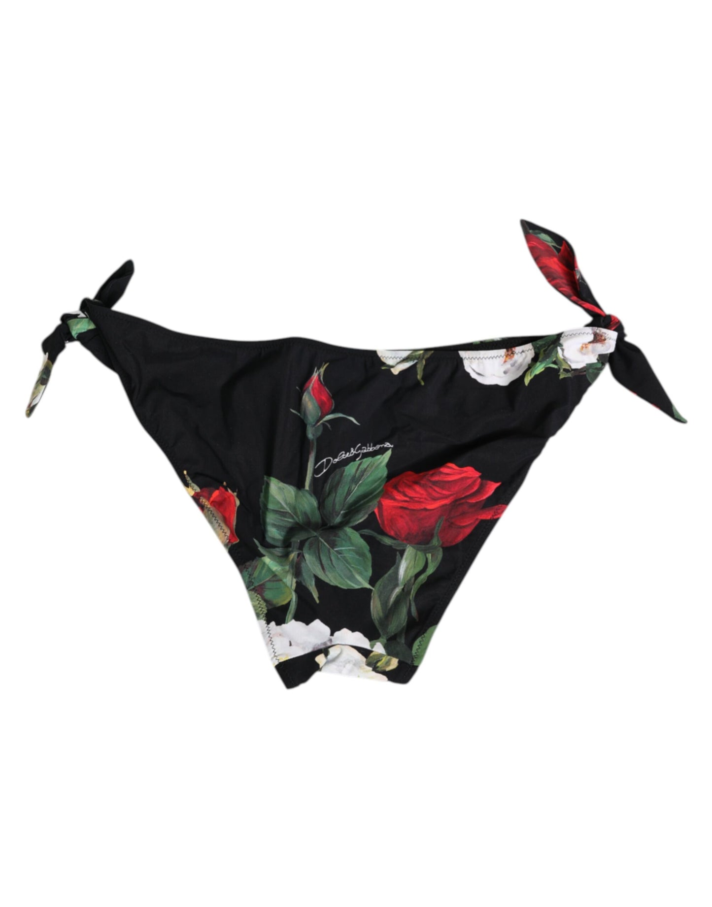 Dolce &amp; Gabbana Schwarze Bikinihose mit Blumenmuster und seitlichen Bindebändern