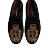 Dolce & Gabbana Black Velvet Gold Crown Mens Loafers Shoes
