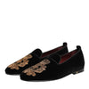 Dolce & Gabbana Black Velvet Gold Crown Mens Loafers Shoes
