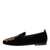 Dolce & Gabbana Black Velvet Gold Crown Mens Loafers Shoes