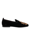 Dolce & Gabbana Black Velvet Gold Crown Mens Loafers Shoes