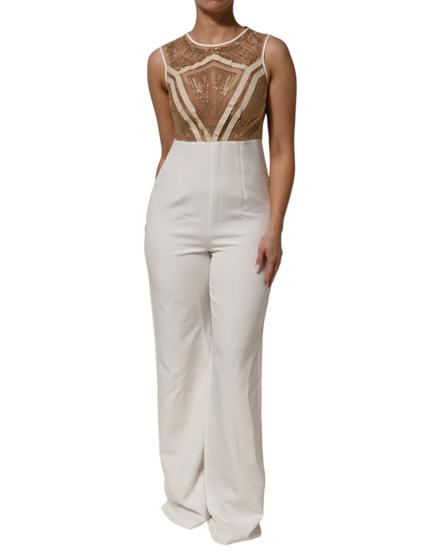 Mangano White Beige Mesh Crystal Embellished Sleeveless Jumpsuit