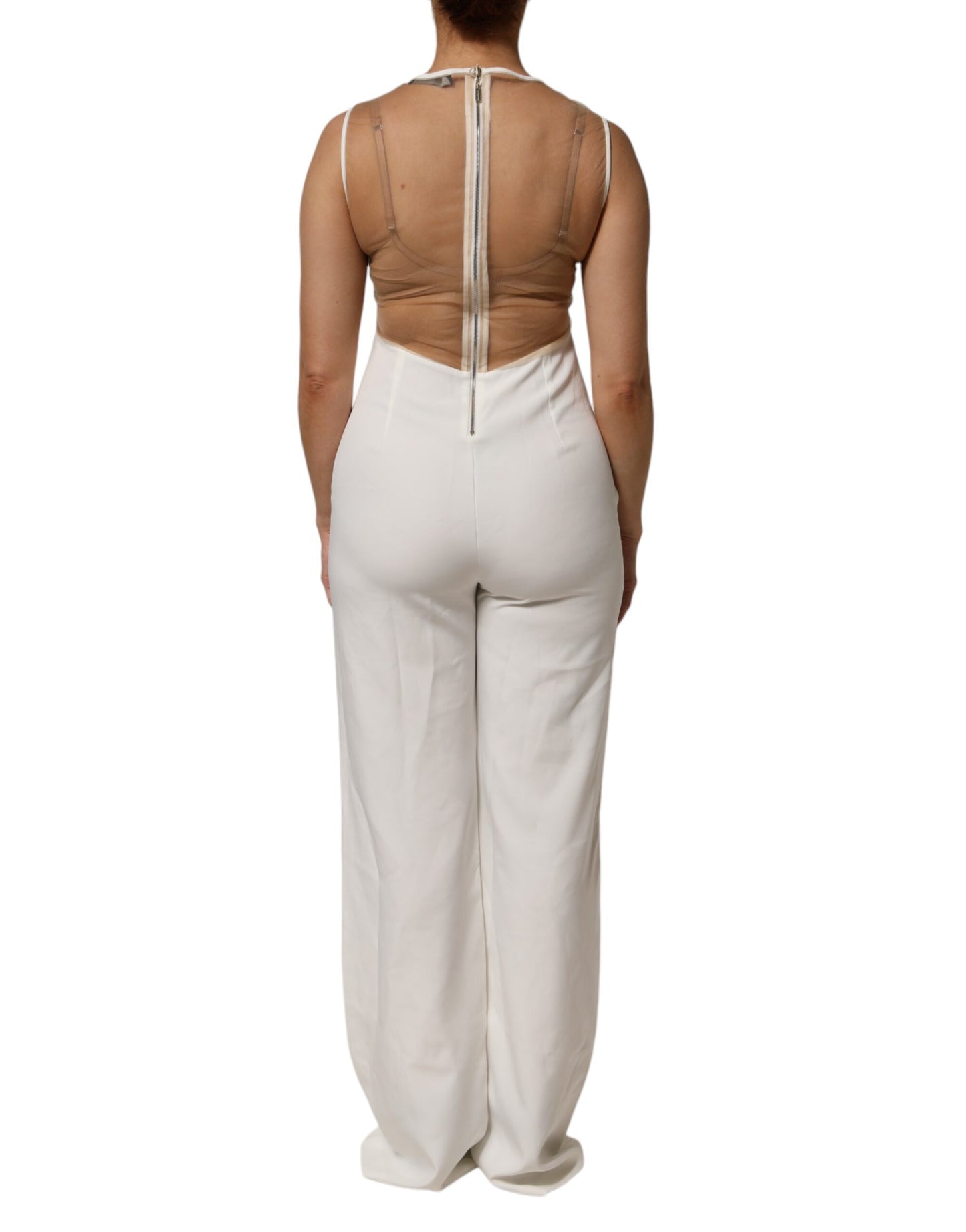 Mangano White Beige Mesh Crystal Embellished Sleeveless Jumpsuit