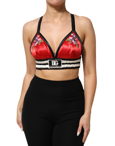 Dolce &amp; Gabbana rotes Satin-Bralette-Crop-Top mit Blumenstickerei