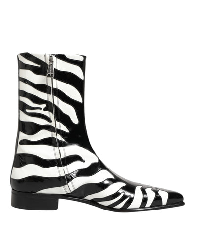 Dolce & Gabbana Black White Zebra Leather Mid Calf Boots Shoes