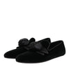 Dolce & Gabbana Black Suede Cotton Rose Slip On Loafers Shoes
