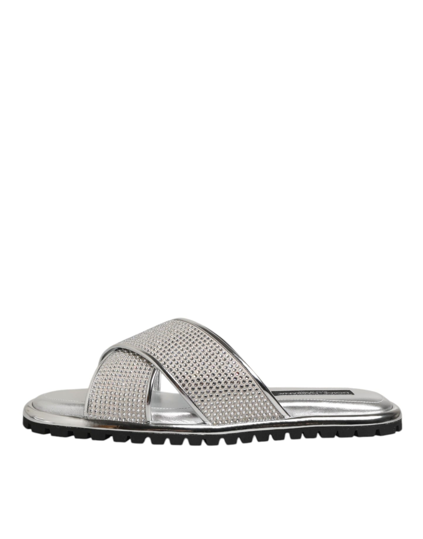 Dolce &amp; Gabbana Silberne Strass-Sandalen, flache Hausschuhe