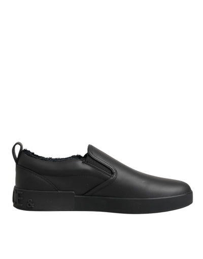 Dolce & Gabbana Black Leather Low Top Slip On Sneakers Shoes
