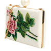 Dolce & Gabbana White Rose Embroidery Silk Gold Frame Clutch Purse Bag