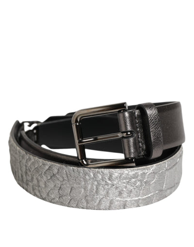 Dolce & Gabbana Black Silver Pebbled Texture Leather Buckle Men Belt