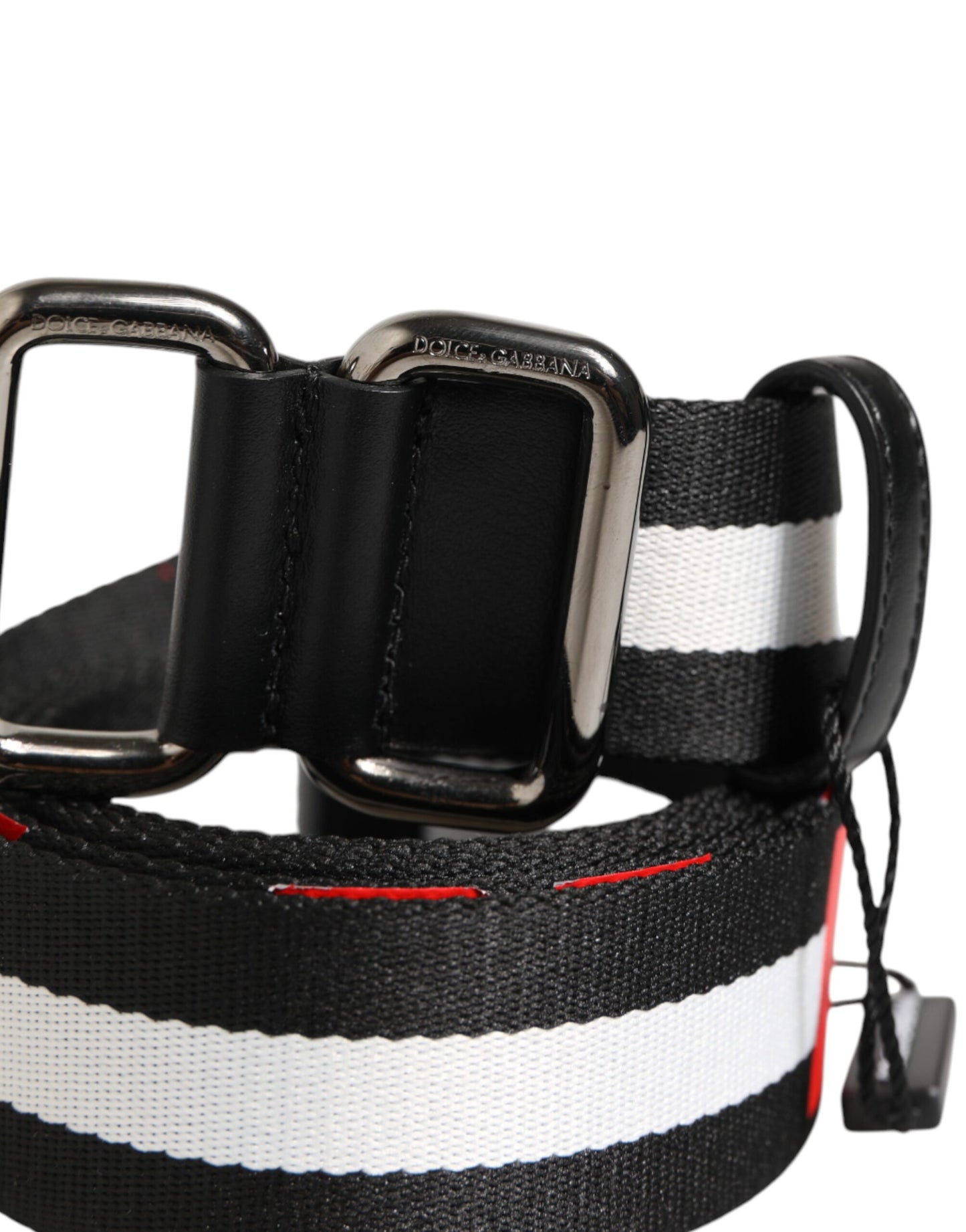 Dolce &amp; Gabbana Gürtel mit schwarz-weißen Streifen und Logo-Metallschnalle