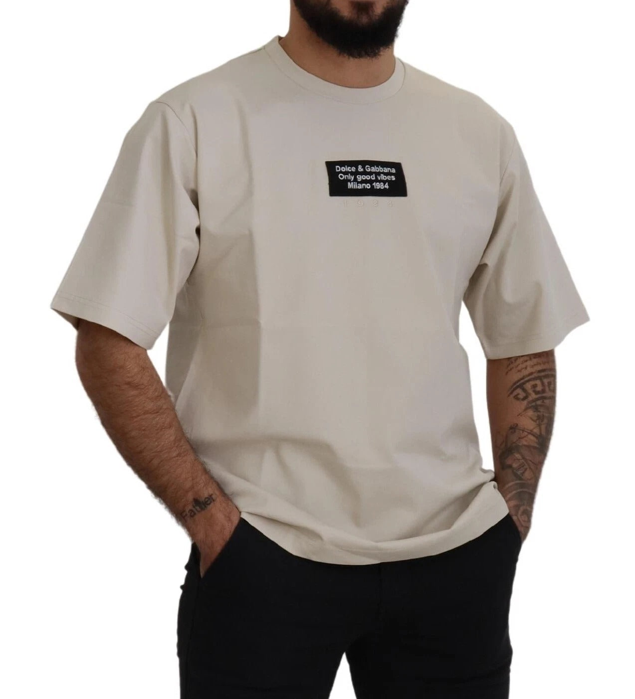 Dolce &amp; Gabbana Elfenbeinfarbener Baumwoll-Pullover mit Print und Rundhalsausschnitt