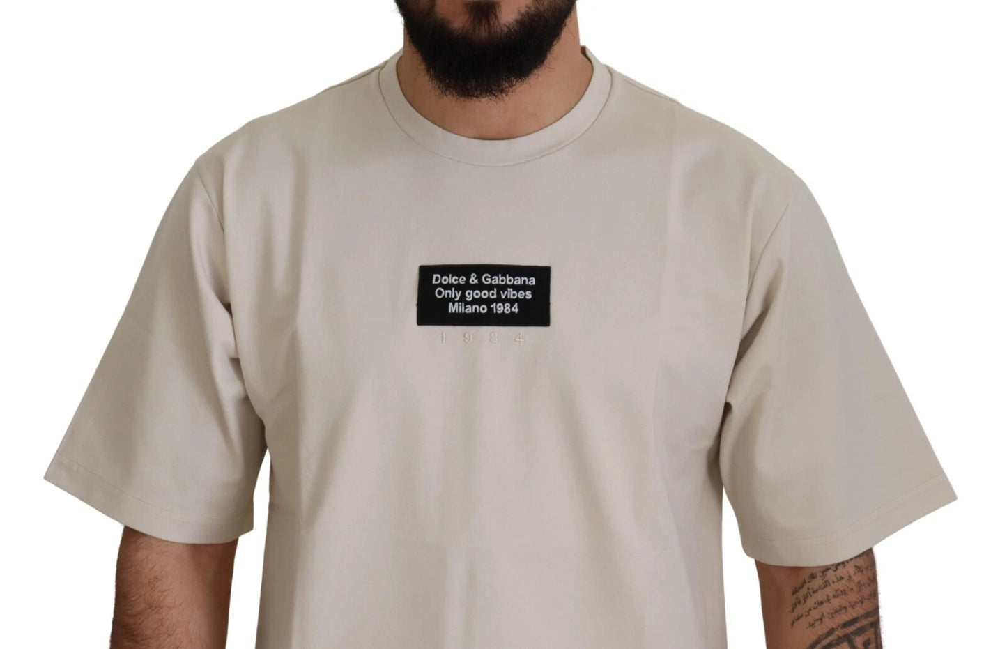 Dolce &amp; Gabbana Elfenbeinfarbener Baumwoll-Pullover mit Print und Rundhalsausschnitt