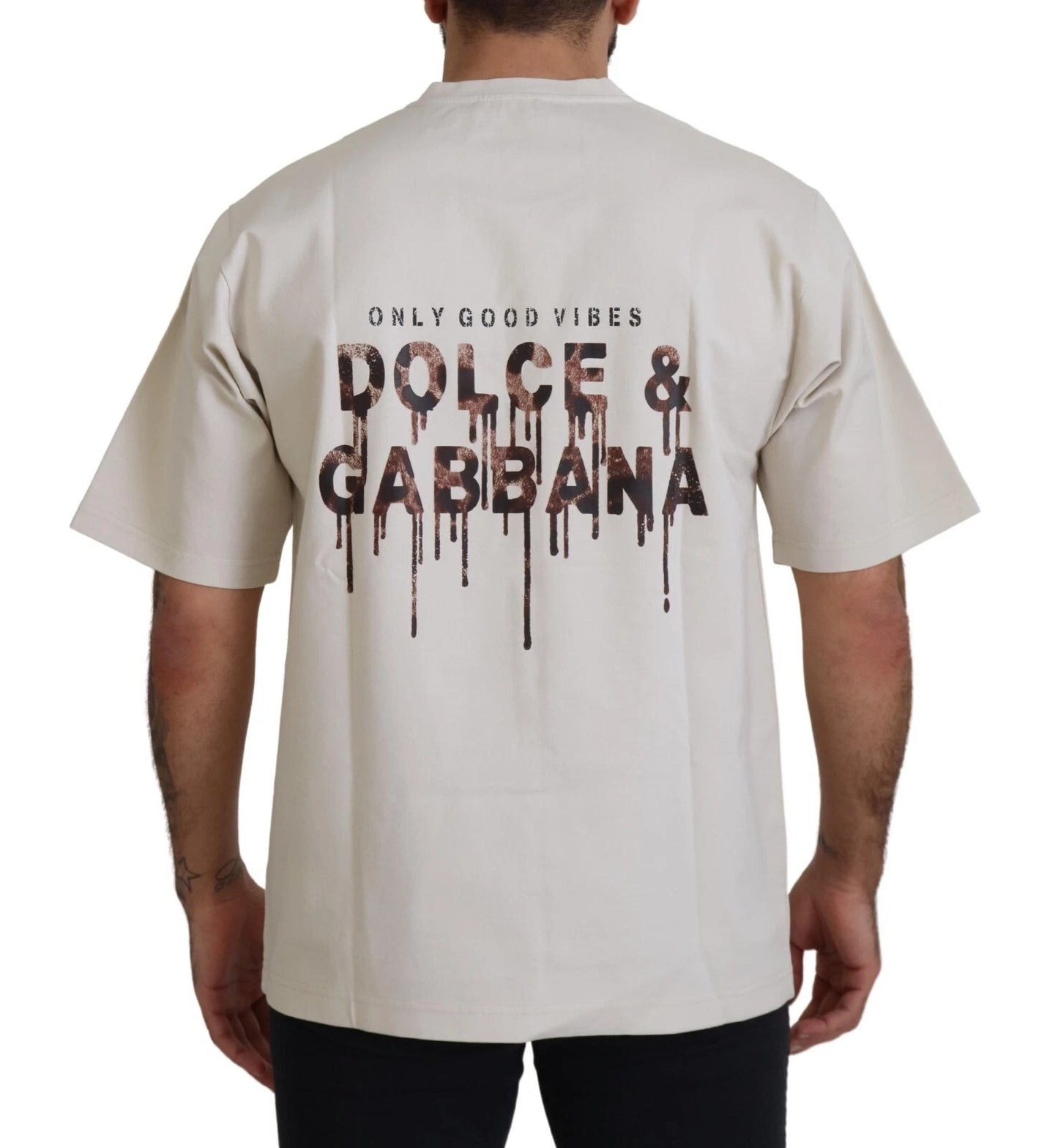 Dolce &amp; Gabbana Elfenbeinfarbener Baumwoll-Pullover mit Print und Rundhalsausschnitt