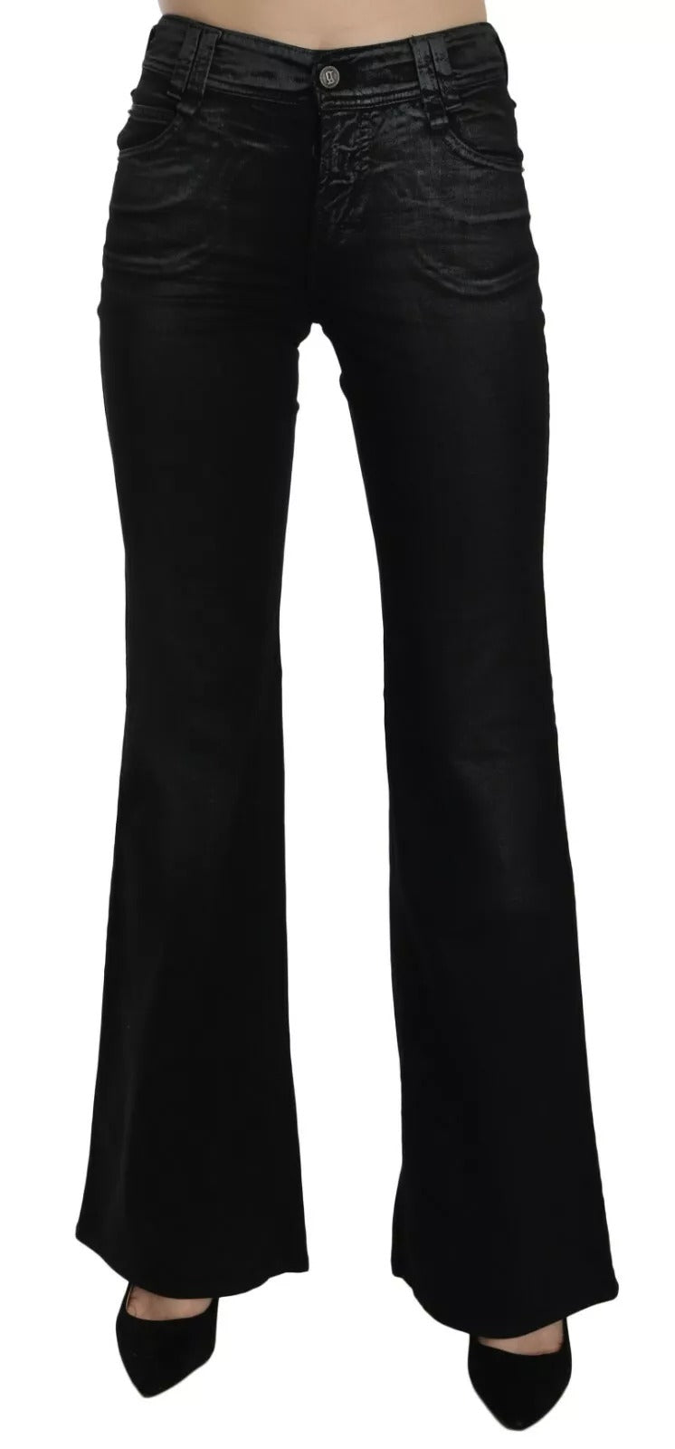 John Galliano Schwarze, gewaschene, hochtaillierte, ausgestellte Denim-Freizeithose