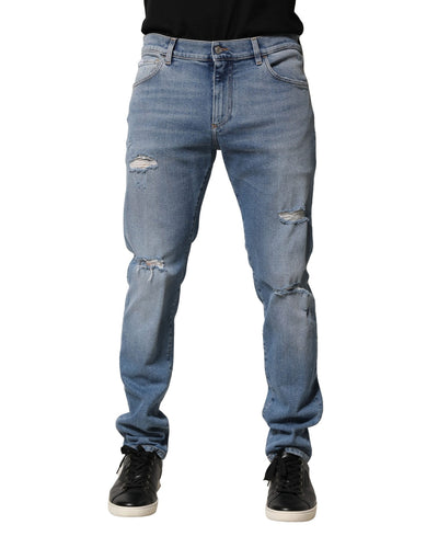 Dolce &amp; Gabbana Blaue, zerrissene Baumwoll-Slim-Jeans für Herren
