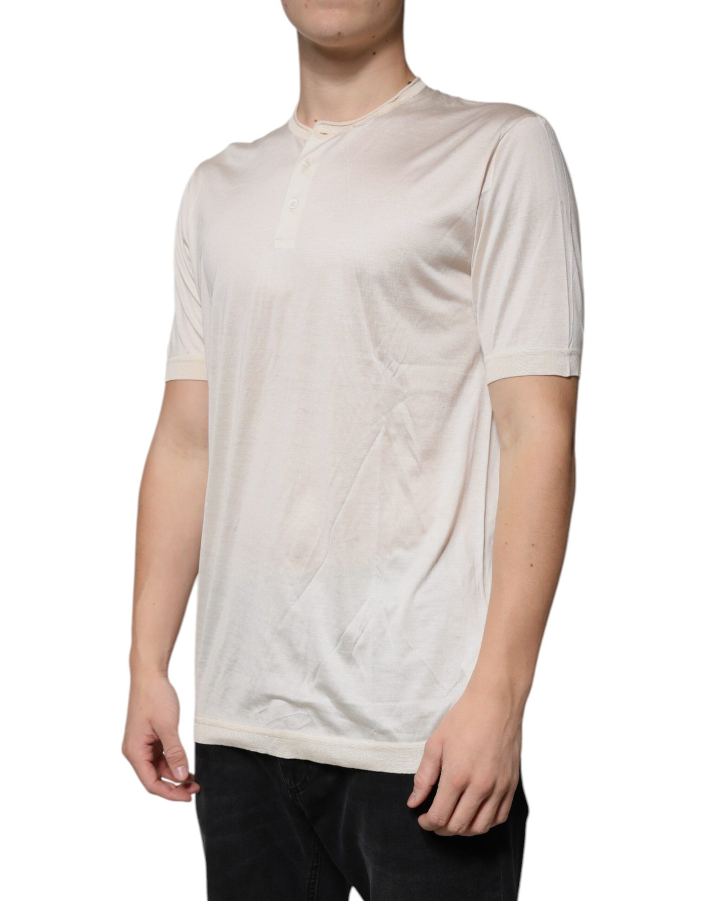 Dolce &amp; Gabbana Off-White Seiden-Henley-T-Shirt mit kurzen Ärmeln