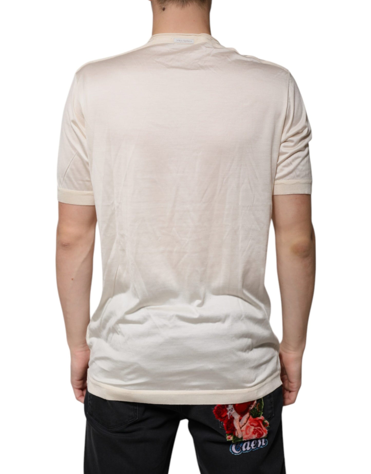 Dolce &amp; Gabbana Off-White Seiden-Henley-T-Shirt mit kurzen Ärmeln