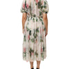 Dolce & Gabbana White Floral Print Silk Pleated Midi Dress