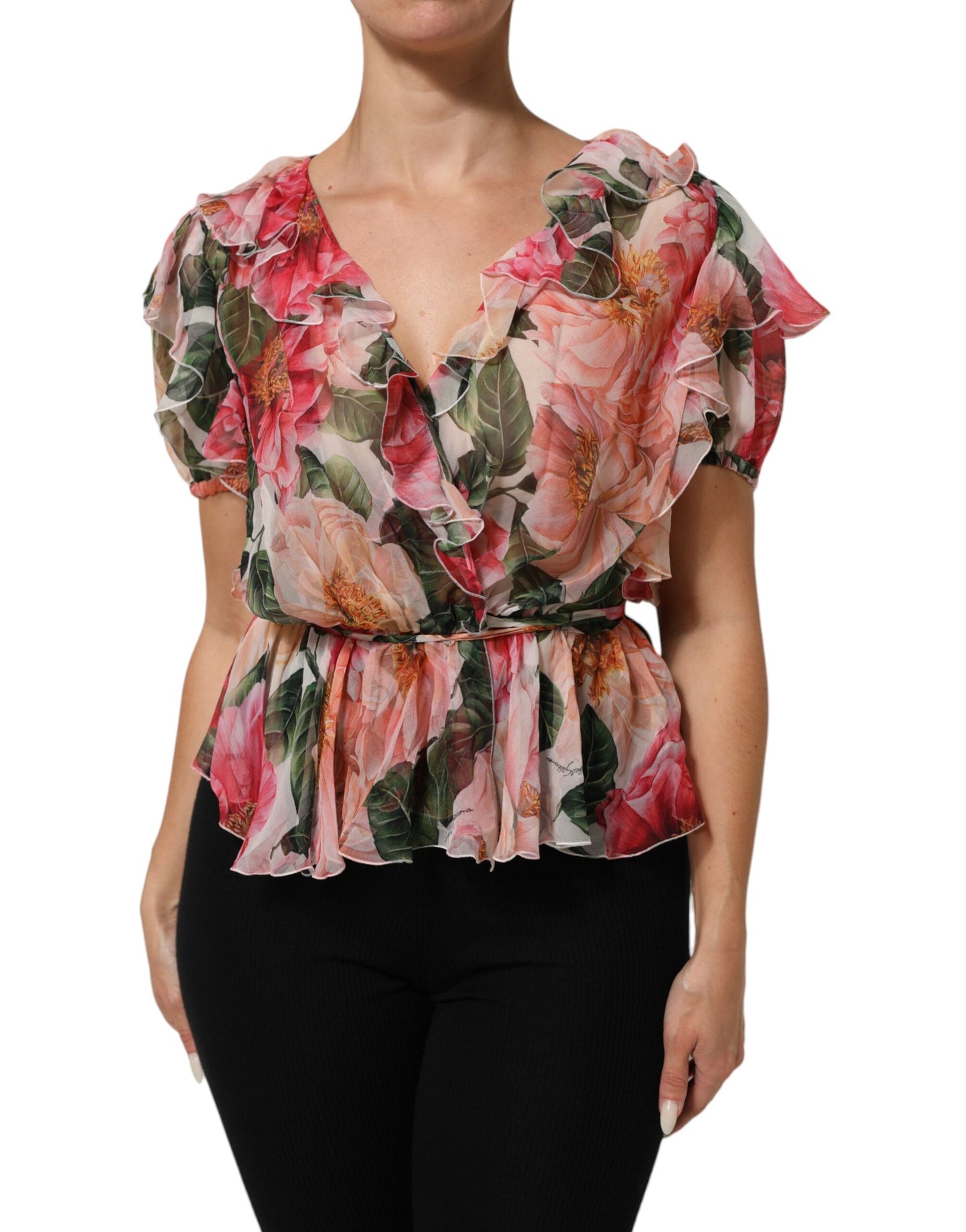 Dolce &amp; Gabbana Bluse aus Seide mit rosa Kamelienprint und V-Ausschnitt