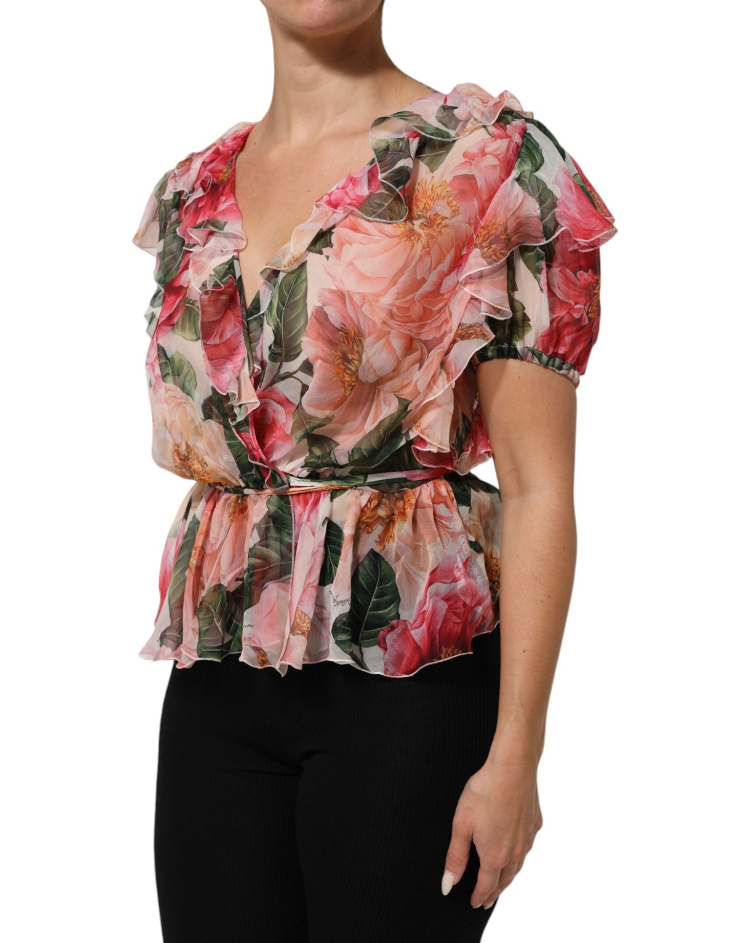 Dolce &amp; Gabbana Bluse aus Seide mit rosa Kamelienprint und V-Ausschnitt
