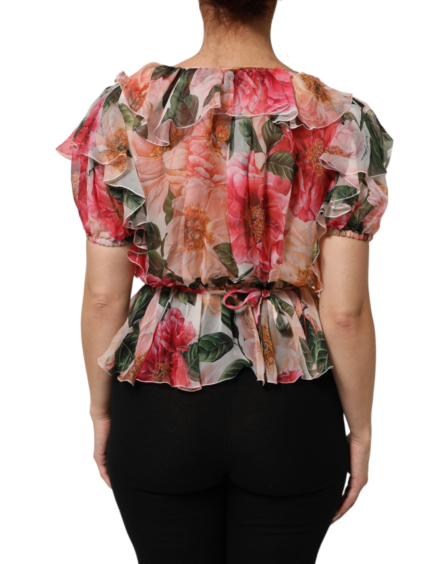 Dolce &amp; Gabbana Bluse aus Seide mit rosa Kamelienprint und V-Ausschnitt