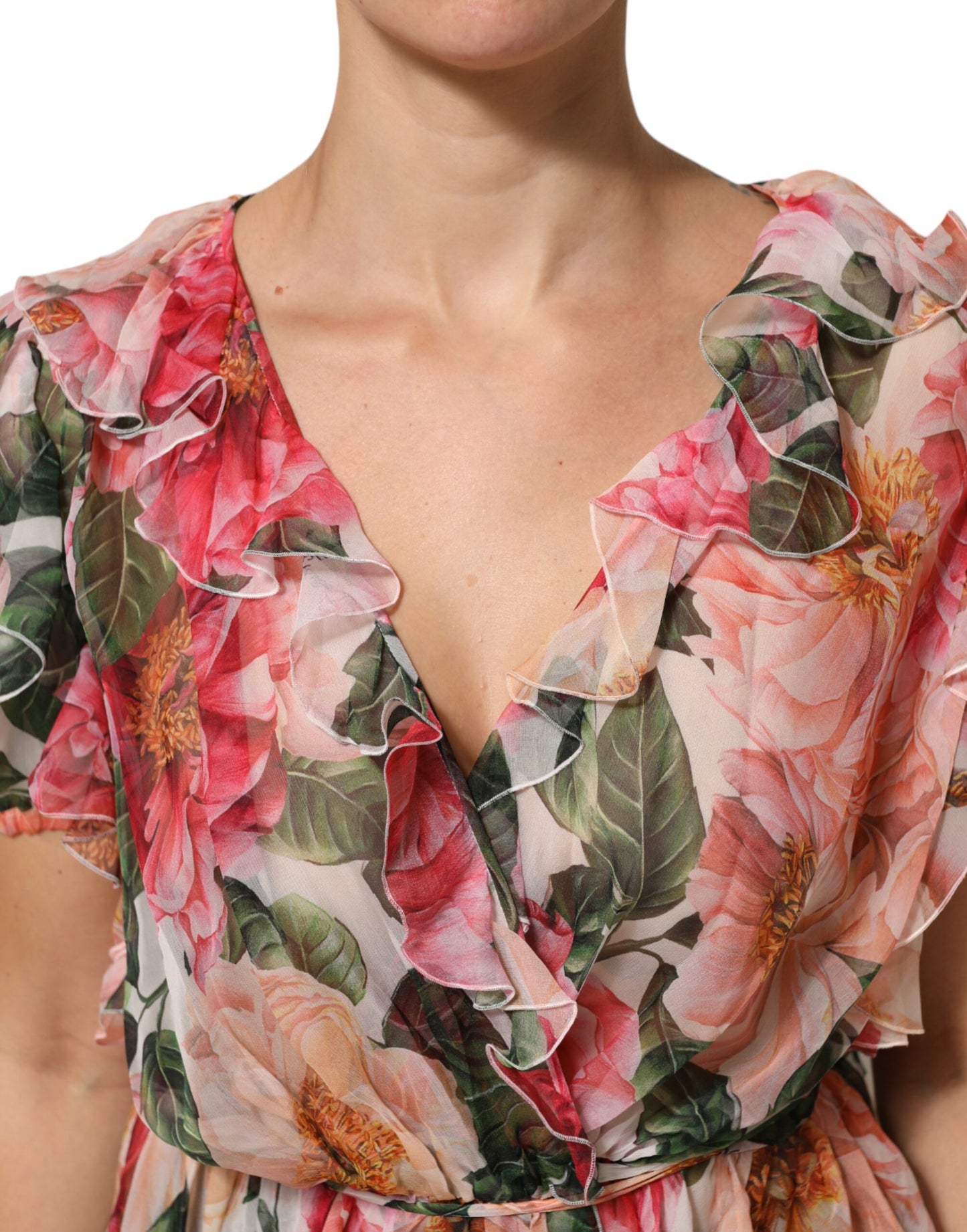 Dolce &amp; Gabbana Bluse aus Seide mit rosa Kamelienprint und V-Ausschnitt