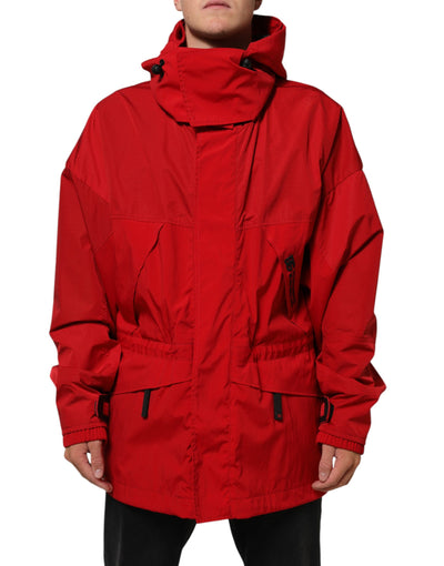 Dolce & Gabbana Red Nylon Hooded Men Full Zip Parka Jacket