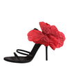 Dolce & Gabbana Black Leather Strappy Flower Heels Sandals  Shoes