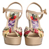 Dolce & Gabbana Beige Floral Ankle Strap Wedge Sandals Shoes