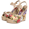 Dolce & Gabbana Beige Floral Ankle Strap Wedge Sandals Shoes