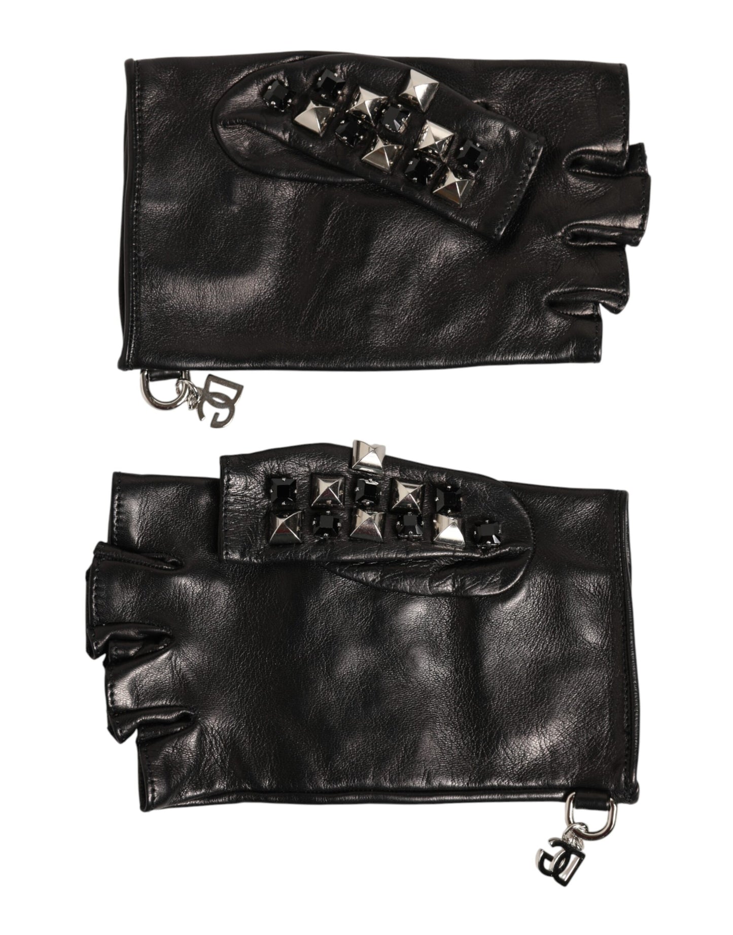 Dolce &amp; Gabbana Schwarze Lederhandschuhe mit Nieten, fingerlos, Herren