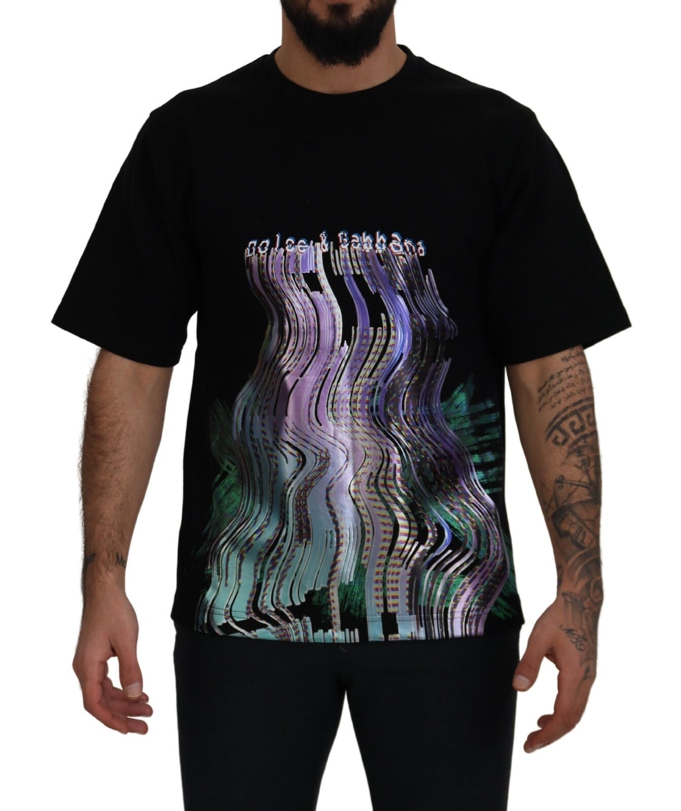 Dolce &amp; Gabbana Baumwoll-T-Shirt mit schwarzem Aufdruck und Rundhalsausschnitt