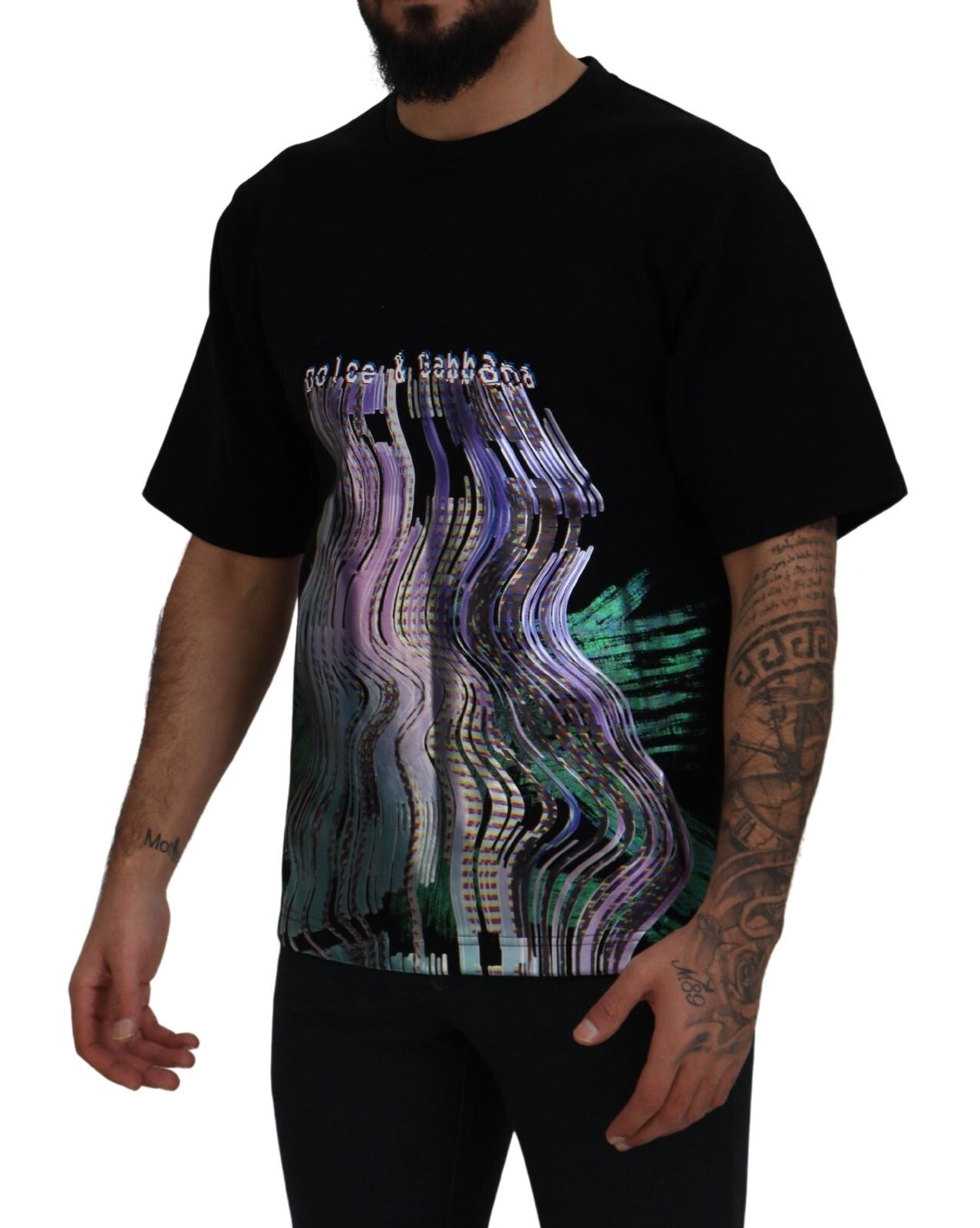 Dolce &amp; Gabbana Baumwoll-T-Shirt mit schwarzem Aufdruck und Rundhalsausschnitt