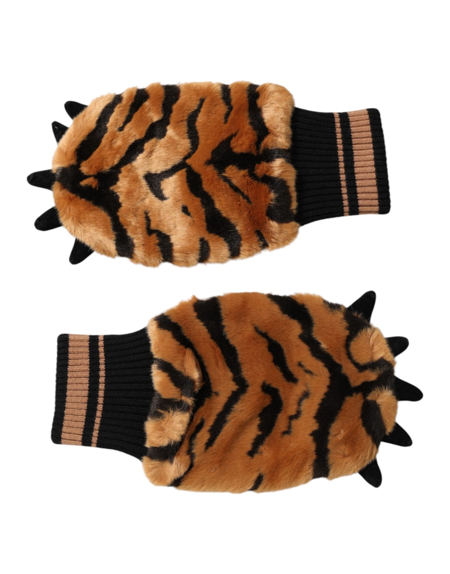Dolce &amp; Gabbana Braune Tiger Strickfäustlinge mit Kunstfell, Einheitsgröße