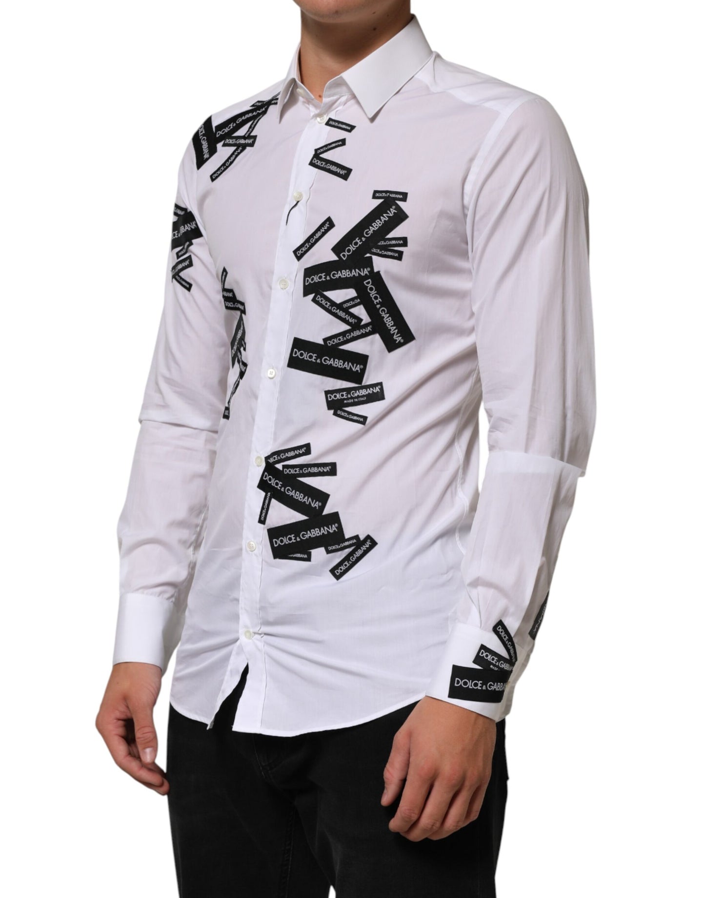 Dolce &amp; Gabbana Weißes Hemd mit Logo, Kragen und Goldmuster, Baumwolle