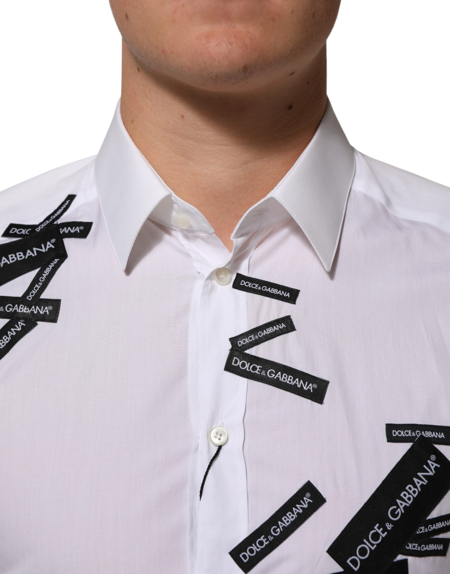 Dolce &amp; Gabbana Weißes Hemd mit Logo, Kragen und Goldmuster, Baumwolle