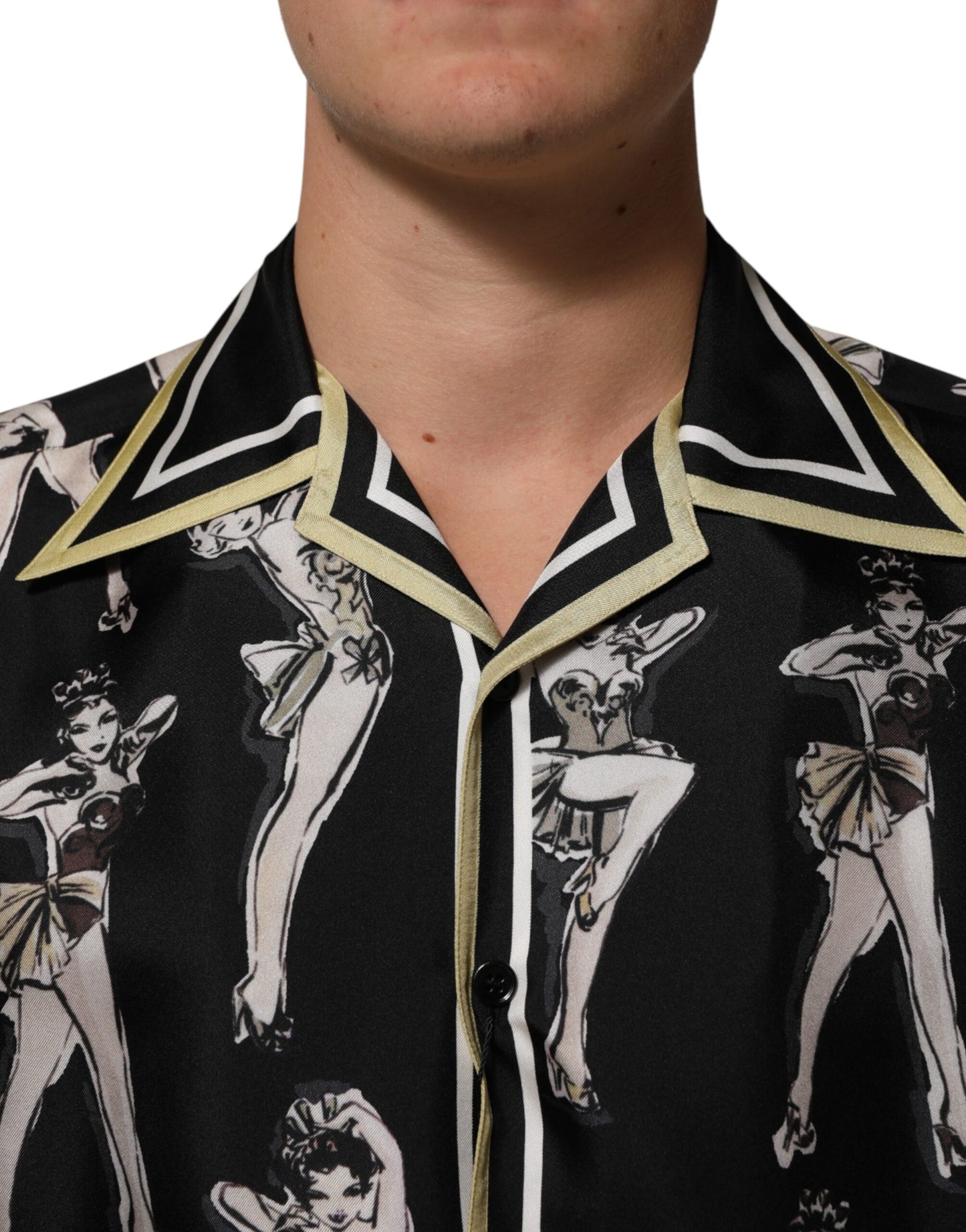 Dolce &amp; Gabbana Schwarzes Seidenhemd mit Pin-up-Print und Knopfleiste