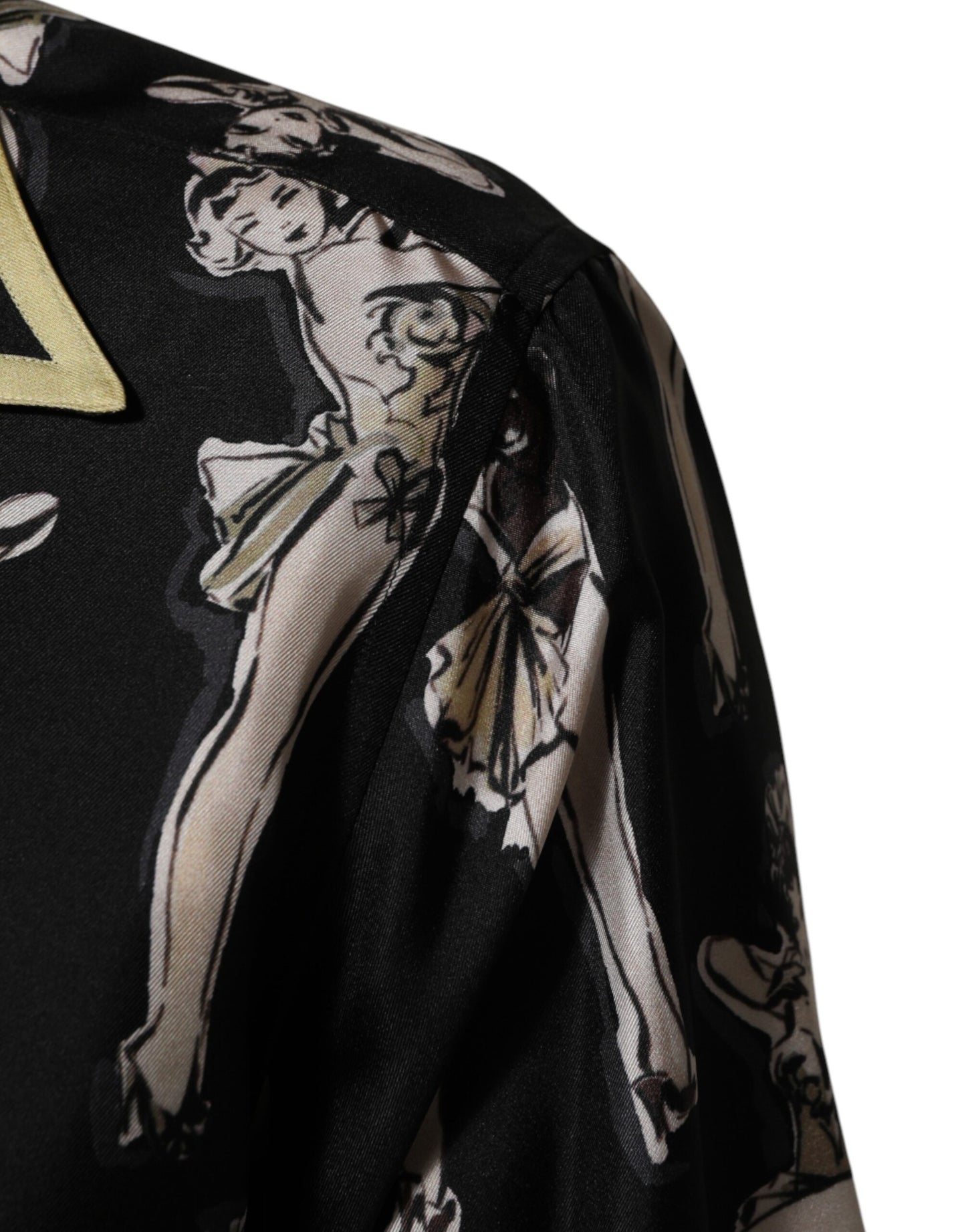 Dolce &amp; Gabbana Schwarzes Seidenhemd mit Pin-up-Print und Knopfleiste
