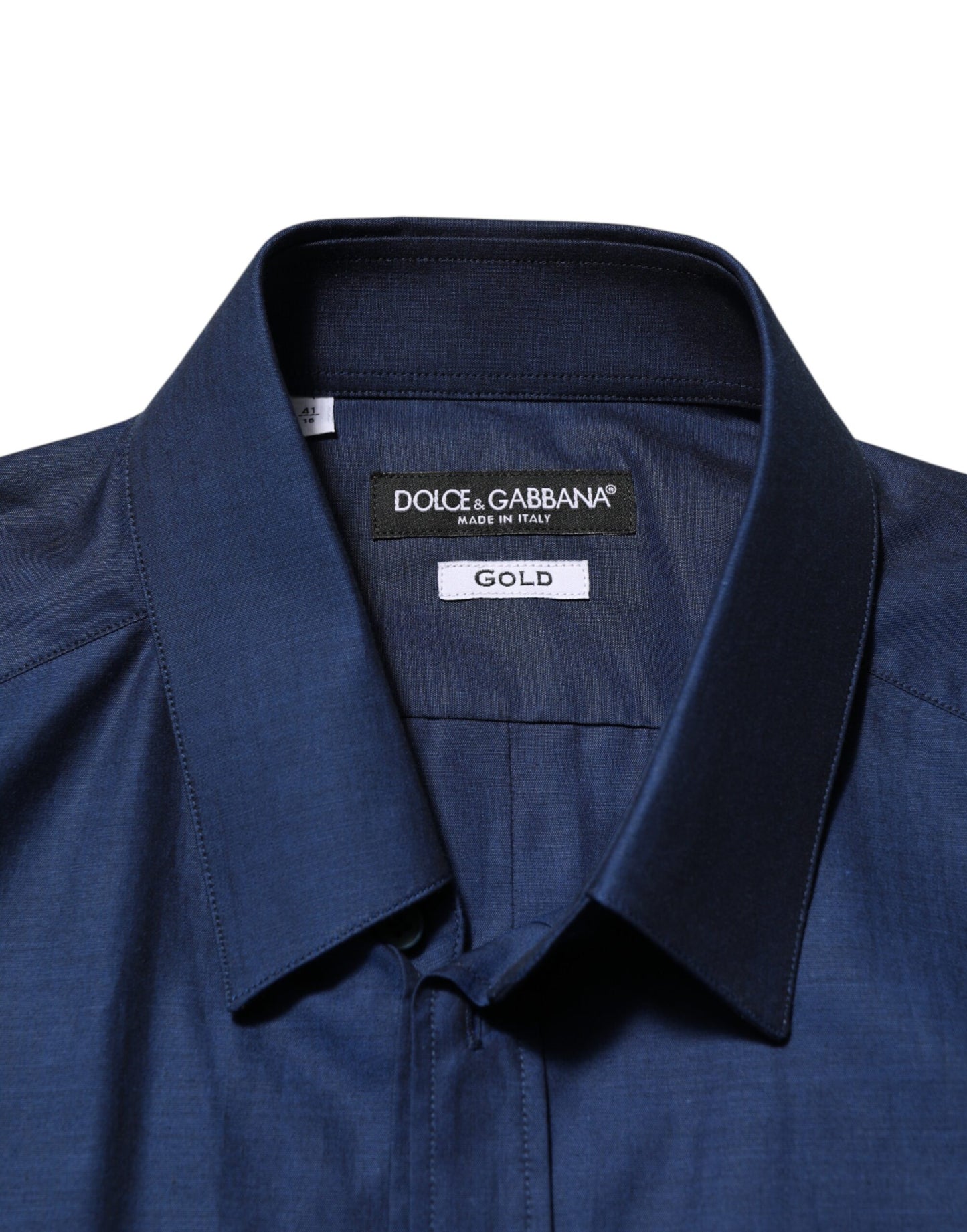Dolce &amp; Gabbana Herrenhemd aus blauer Baumwolle mit Kragen und Goldmuster