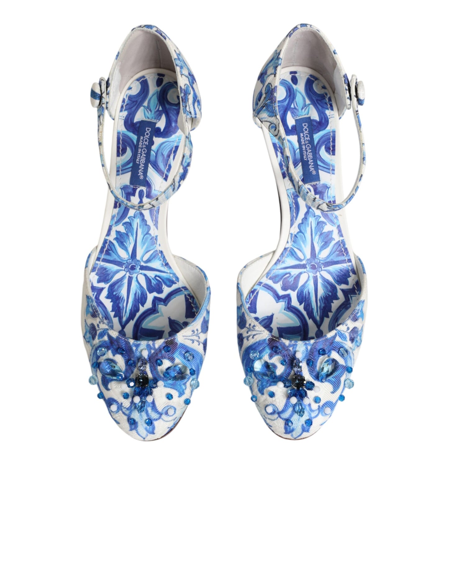 Dolce &amp; Gabbana Schuhe mit Knöchelriemen in Weiß und Blau mit Blumenmuster und Kristallen