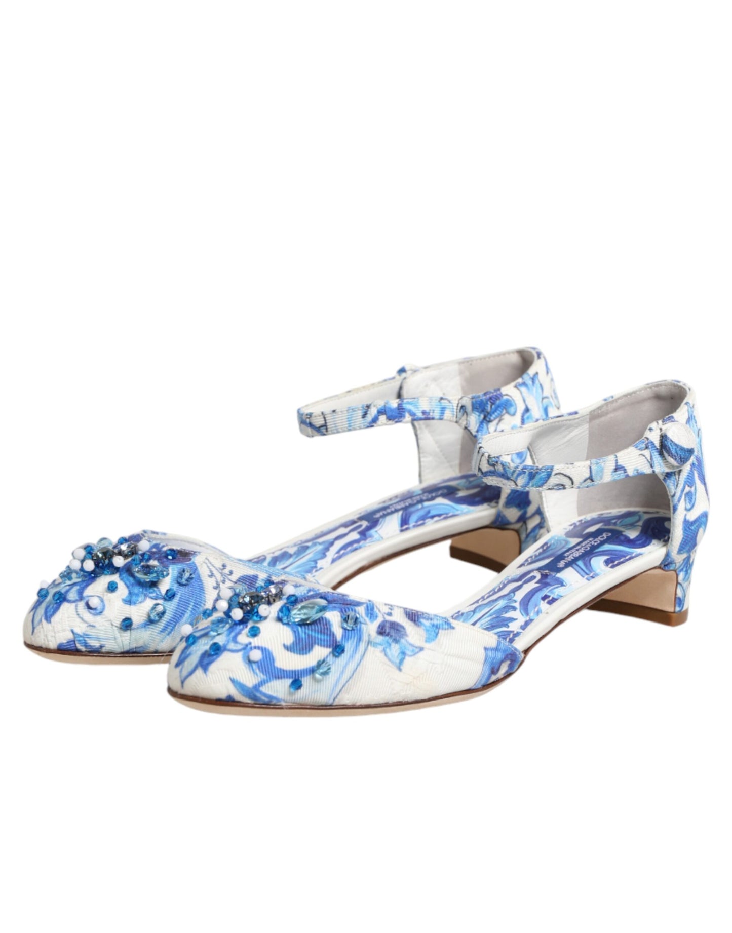 Dolce &amp; Gabbana Schuhe mit Knöchelriemen in Weiß und Blau mit Blumenmuster und Kristallen