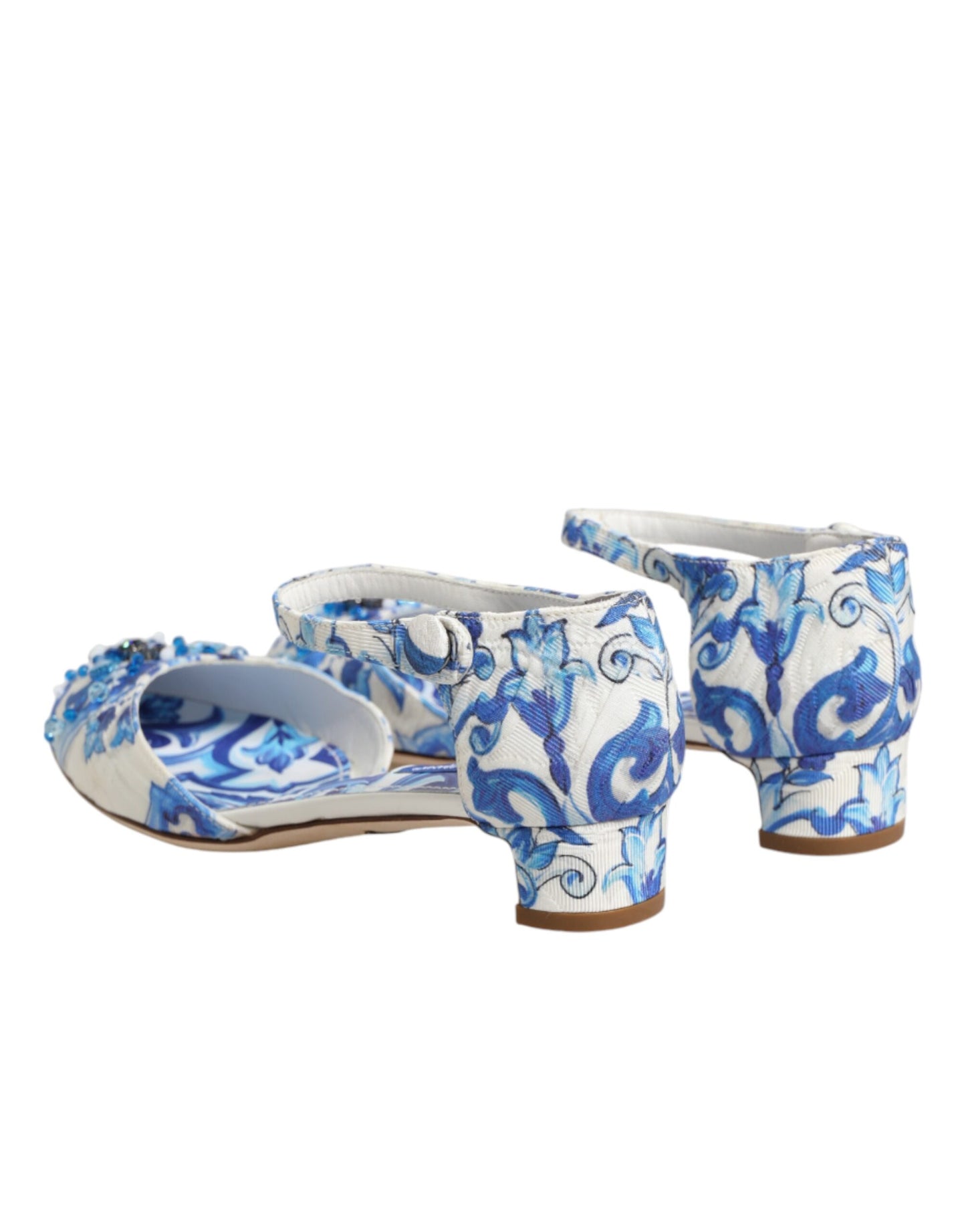 Dolce &amp; Gabbana Schuhe mit Knöchelriemen in Weiß und Blau mit Blumenmuster und Kristallen