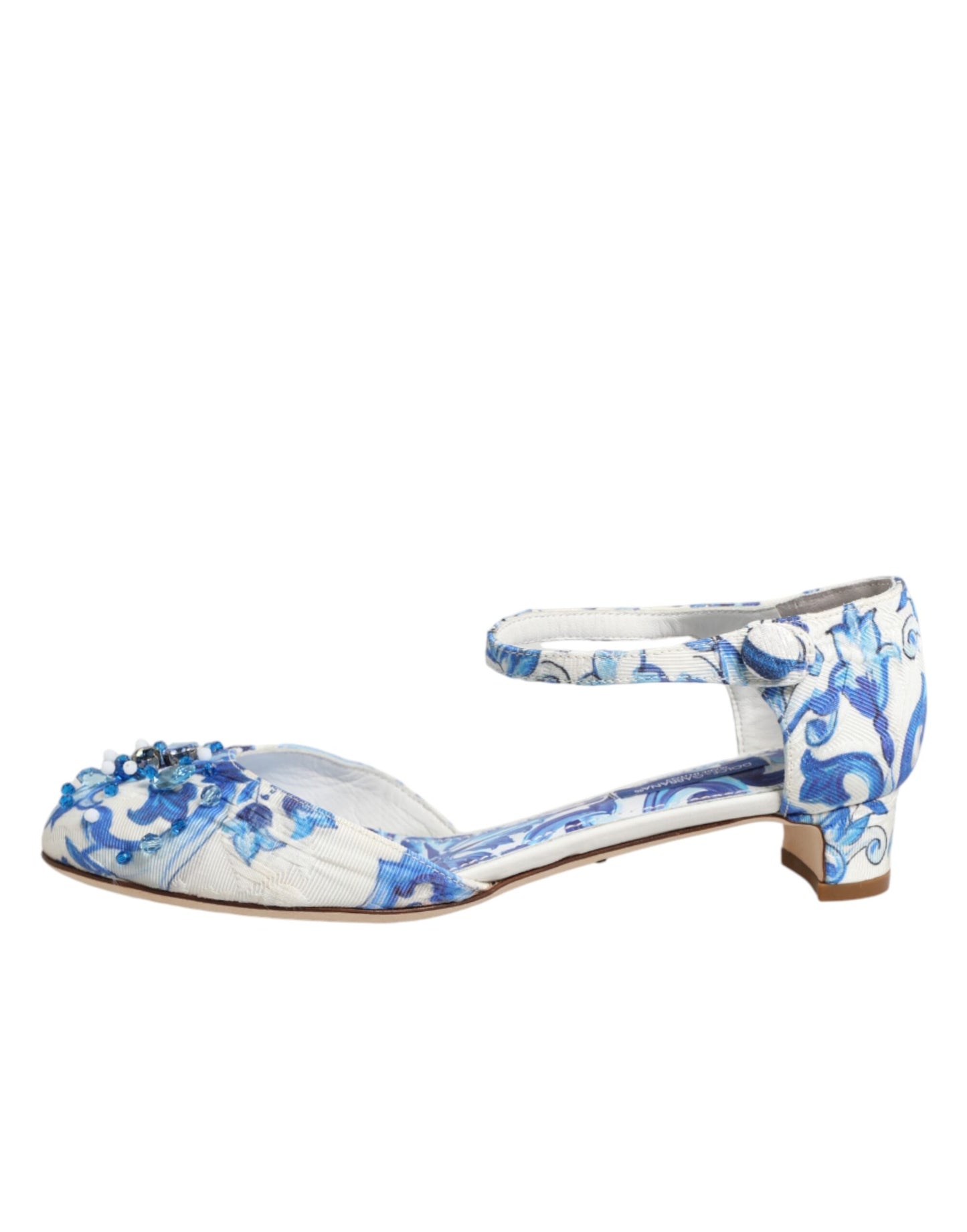 Dolce &amp; Gabbana Schuhe mit Knöchelriemen in Weiß und Blau mit Blumenmuster und Kristallen